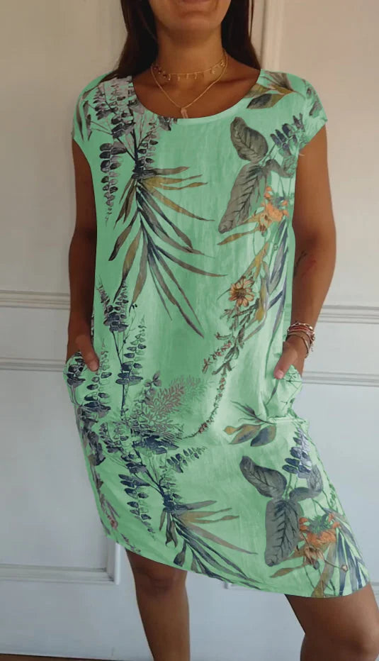Damenkleid aus Leinen und Baumwolle Rundhals Sommerkleid