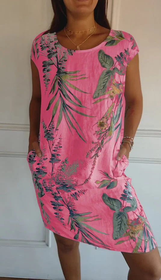 Damenkleid aus Leinen und Baumwolle Rundhals Sommerkleid