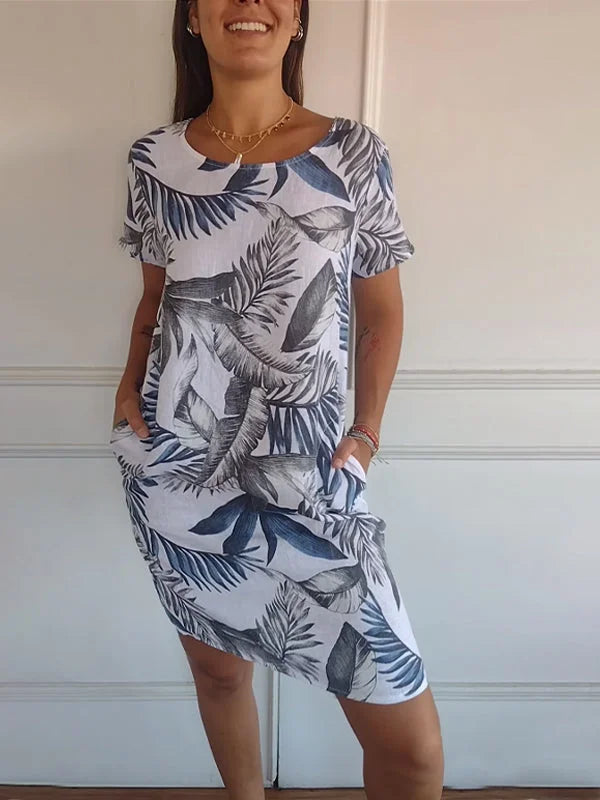 Damenkleid aus Leinen und Baumwolle Rundhals Sommerkleid