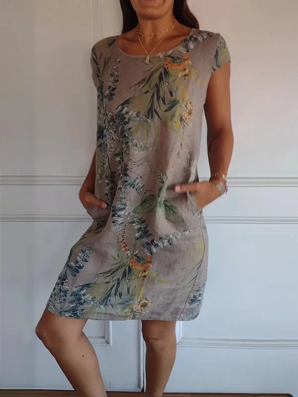 Damenkleid aus Leinen und Baumwolle Rundhals Sommerkleid