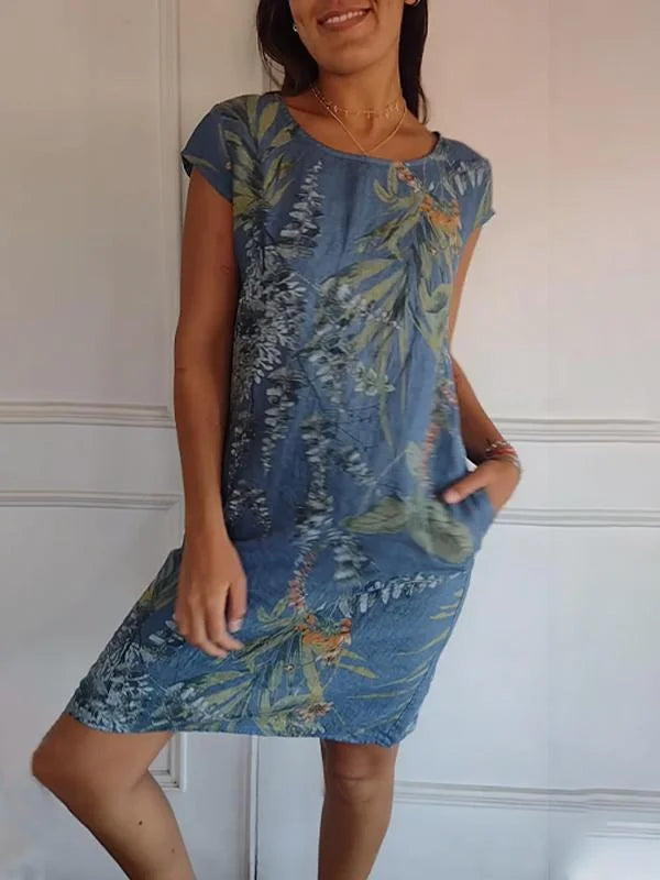 Damenkleid aus Leinen und Baumwolle Rundhals Sommerkleid - BerlinGlamour