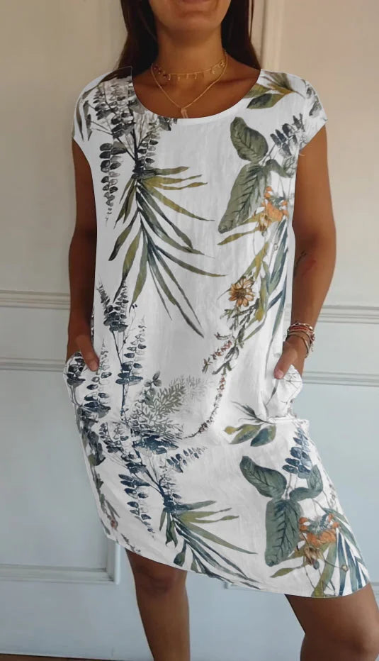 Damenkleid aus Leinen und Baumwolle Rundhals Sommerkleid