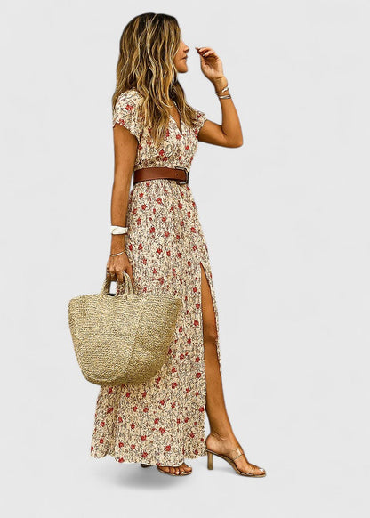 Damen Maxikleid Boho Stil V-Ausschnitt Lässig