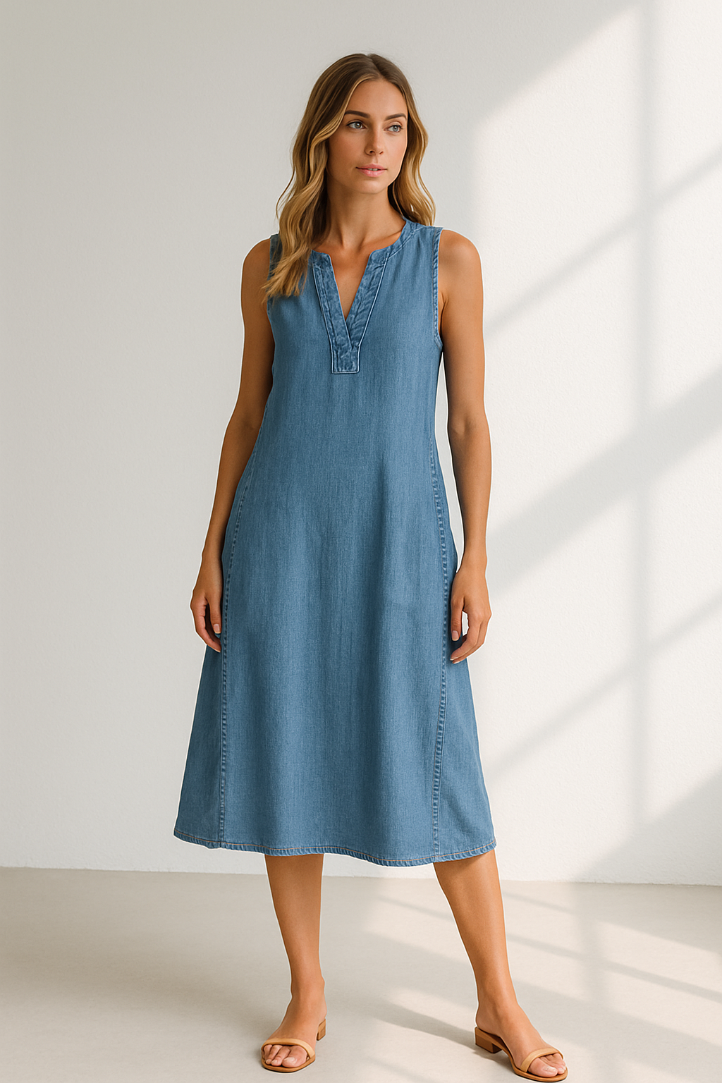 V-Ausschnitt Jeanskleid Damen Ärmellos A-Linie Sommer