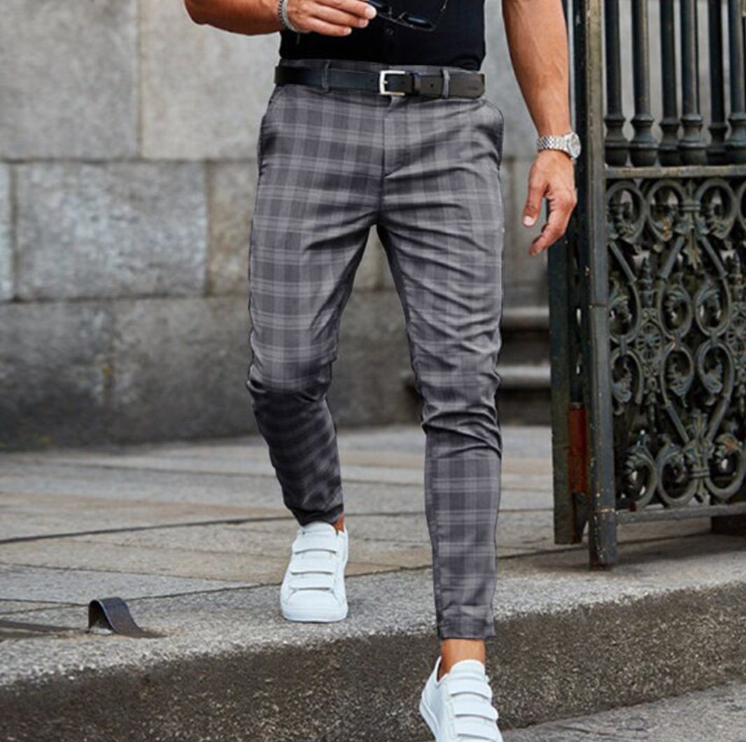 Chino-Hose - Kariert - Slim Fit - Herrenhosen - Chinos-Grau-XS-Chaps Herrenmode