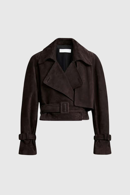 Lederjacke Damen Cropped Suedelook mit Taillengürtel