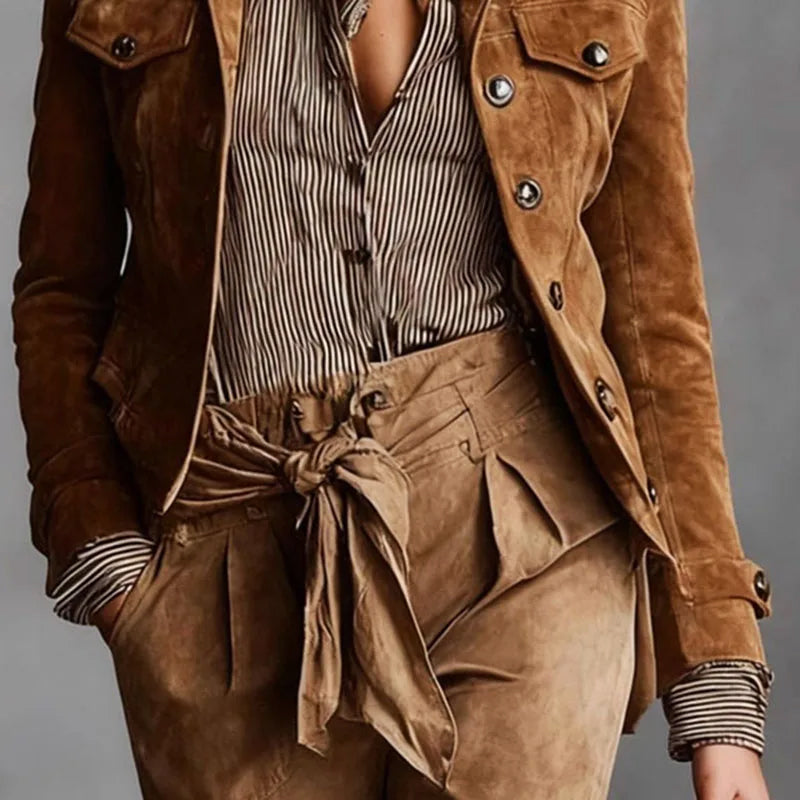 Lederjacke Damen Kurz Wildleder Knöpfe Modern