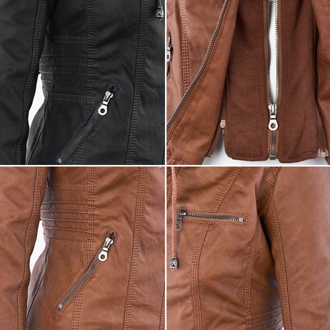 Lederjacke Damen Doppelgefüttert mit Kapuze Schwarz