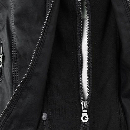 Lederjacke Damen Doppelgefüttert mit Kapuze Schwarz