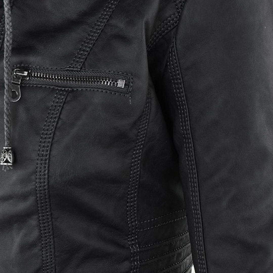 Lederjacke Damen Doppelgefüttert mit Kapuze Schwarz