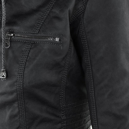 Lederjacke Damen Doppelgefüttert mit Kapuze Schwarz