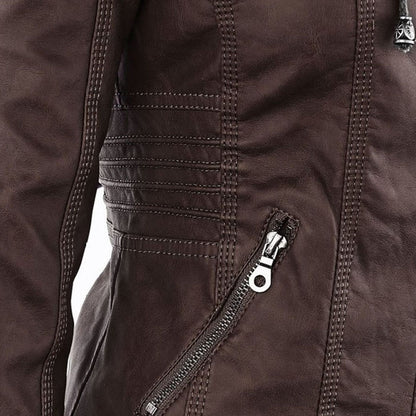 Lederjacke Damen Doppelgefüttert mit Kapuze Schwarz