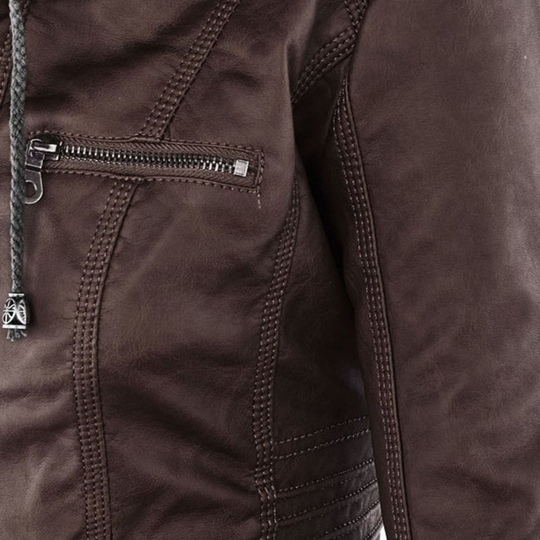 Lederjacke Damen Doppelgefüttert mit Kapuze Schwarz