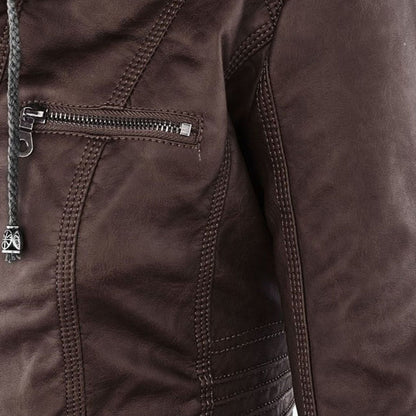 Lederjacke Damen Doppelgefüttert mit Kapuze Schwarz