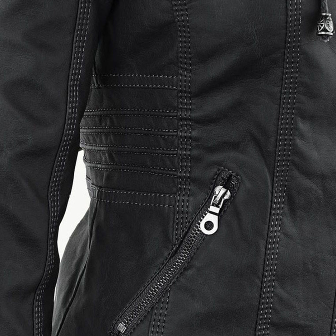 Lederjacke Damen Doppelgefüttert mit Kapuze Schwarz