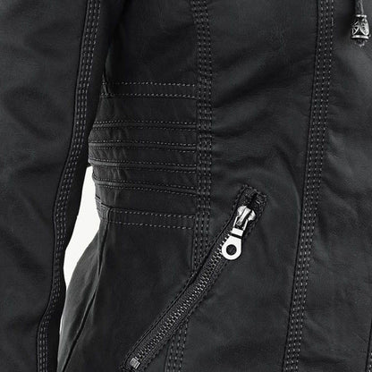 Lederjacke Damen Doppelgefüttert mit Kapuze Schwarz