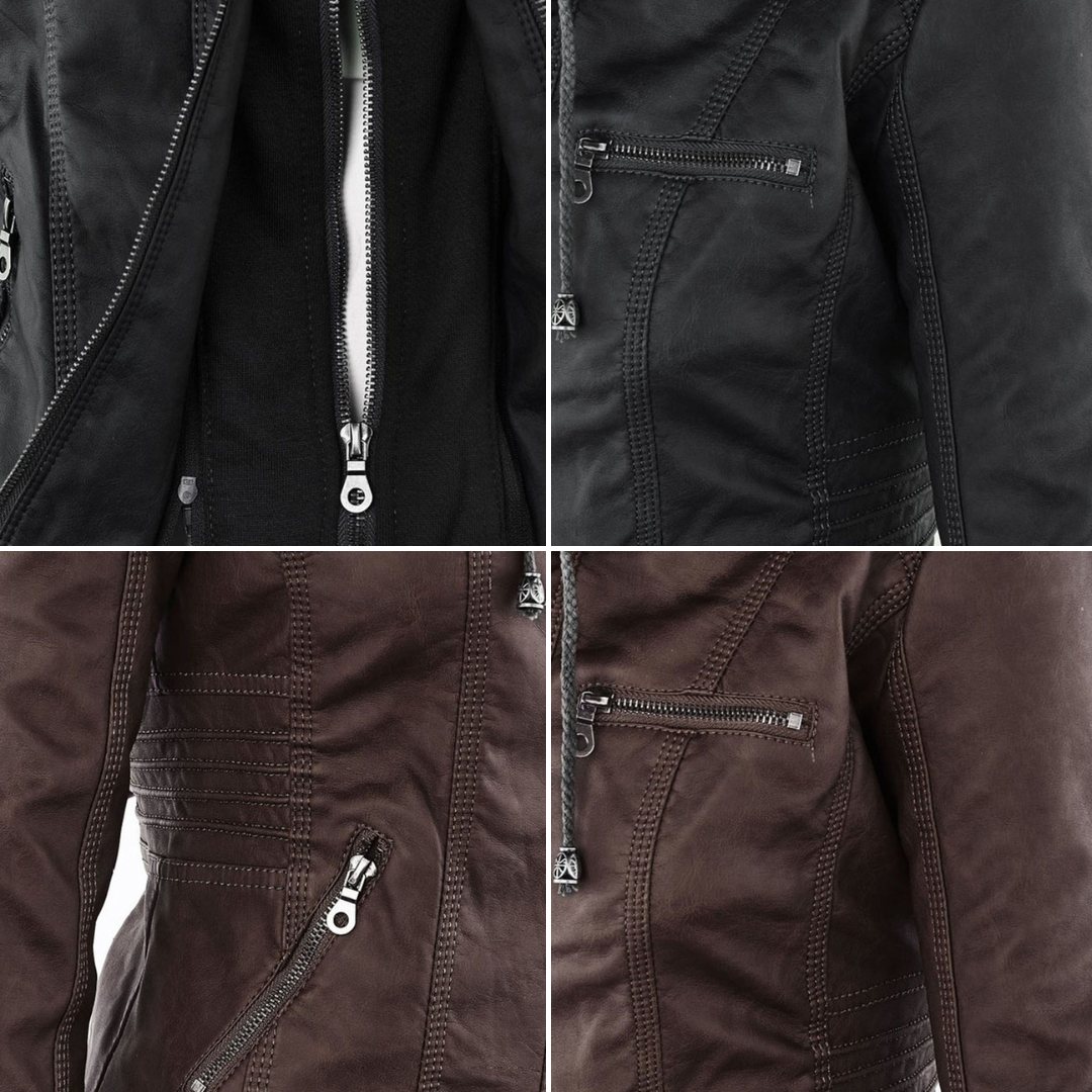 Lederjacke Damen Doppelgefüttert mit Kapuze Schwarz