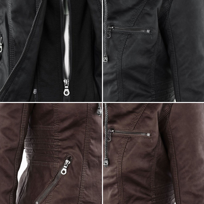 Lederjacke Damen Doppelgefüttert mit Kapuze Schwarz