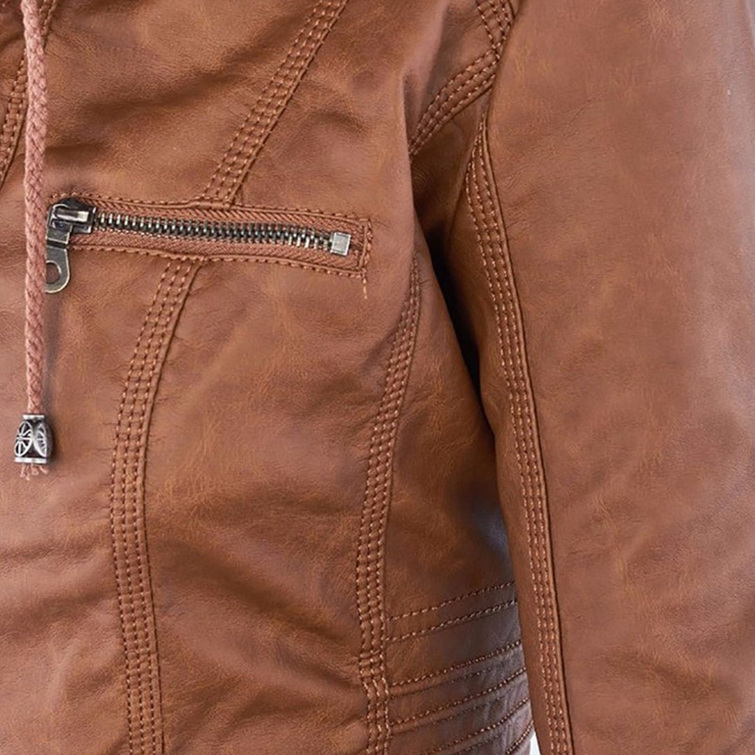 Lederjacke Damen Doppelgefüttert mit Kapuze Schwarz