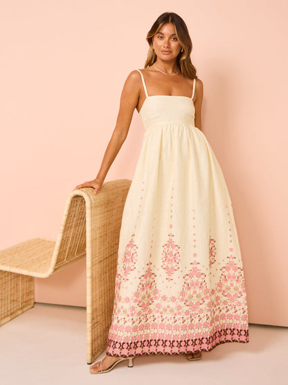 Boho Maxikleid Damen Stickerei Spaghettiträger Sommer