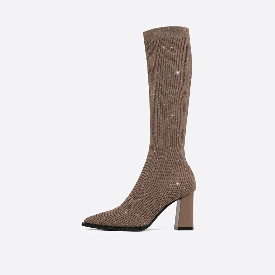 Stiefel Knielang Spitze Absatz Heidi Stil