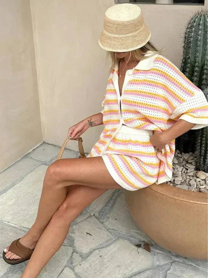 Damen Strickset 2-teilig Hemd Shorts Sommer