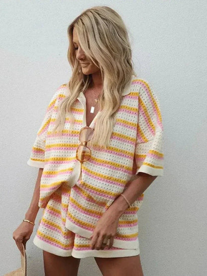 Damen Strickset 2-teilig Hemd Shorts Sommer