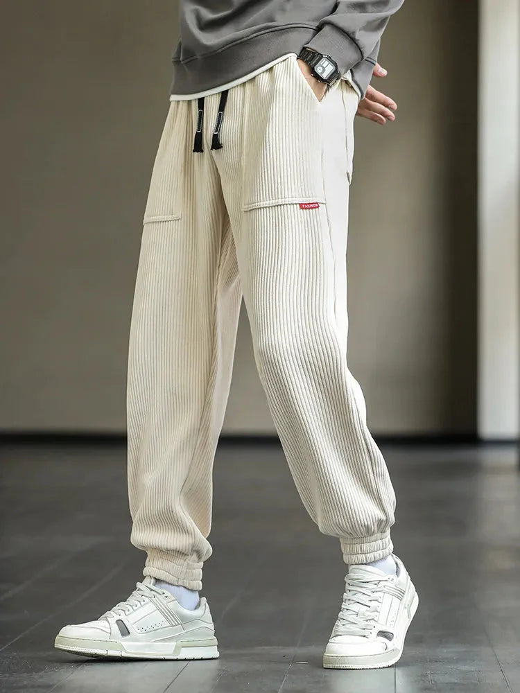 Corduroy Pants | Drawstring | Baggy | Joggers | Men's Pants-Beige-M-Chaps Herrenmode