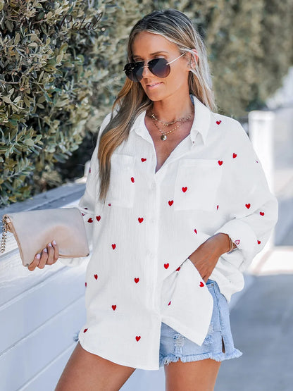 Sommerbluse Damen Bestickt Herz Blume Lässig