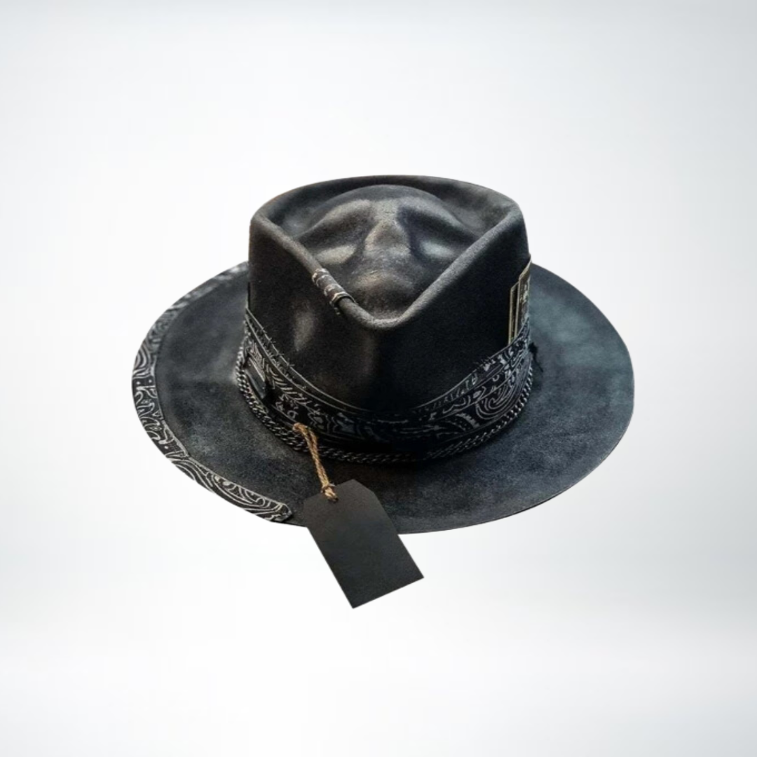 Männer Fedora Hut Schwarz mit Totenkopf Verzierung Breite Krempe - BerlinGlamour
