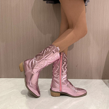 Western Stiefel Damen Metallic Mittelabsatz Cowgirl Stiefel
