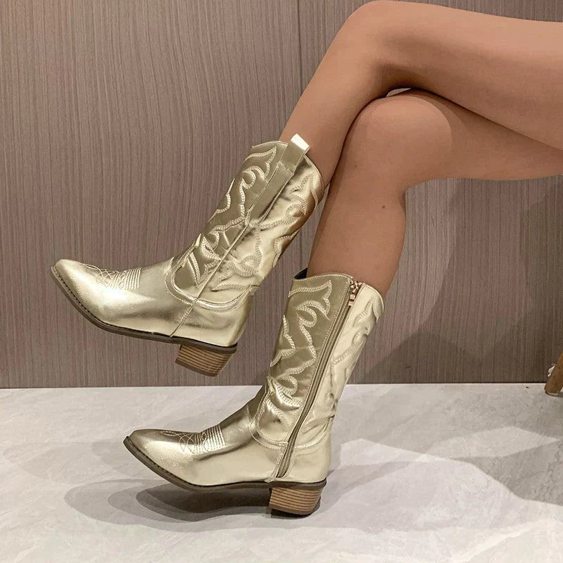 Western Stiefel Damen Metallic Mittelabsatz Cowgirl Stiefel