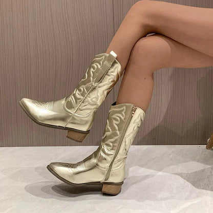 Western Stiefel Damen Metallic Mittelabsatz Cowgirl Stiefel