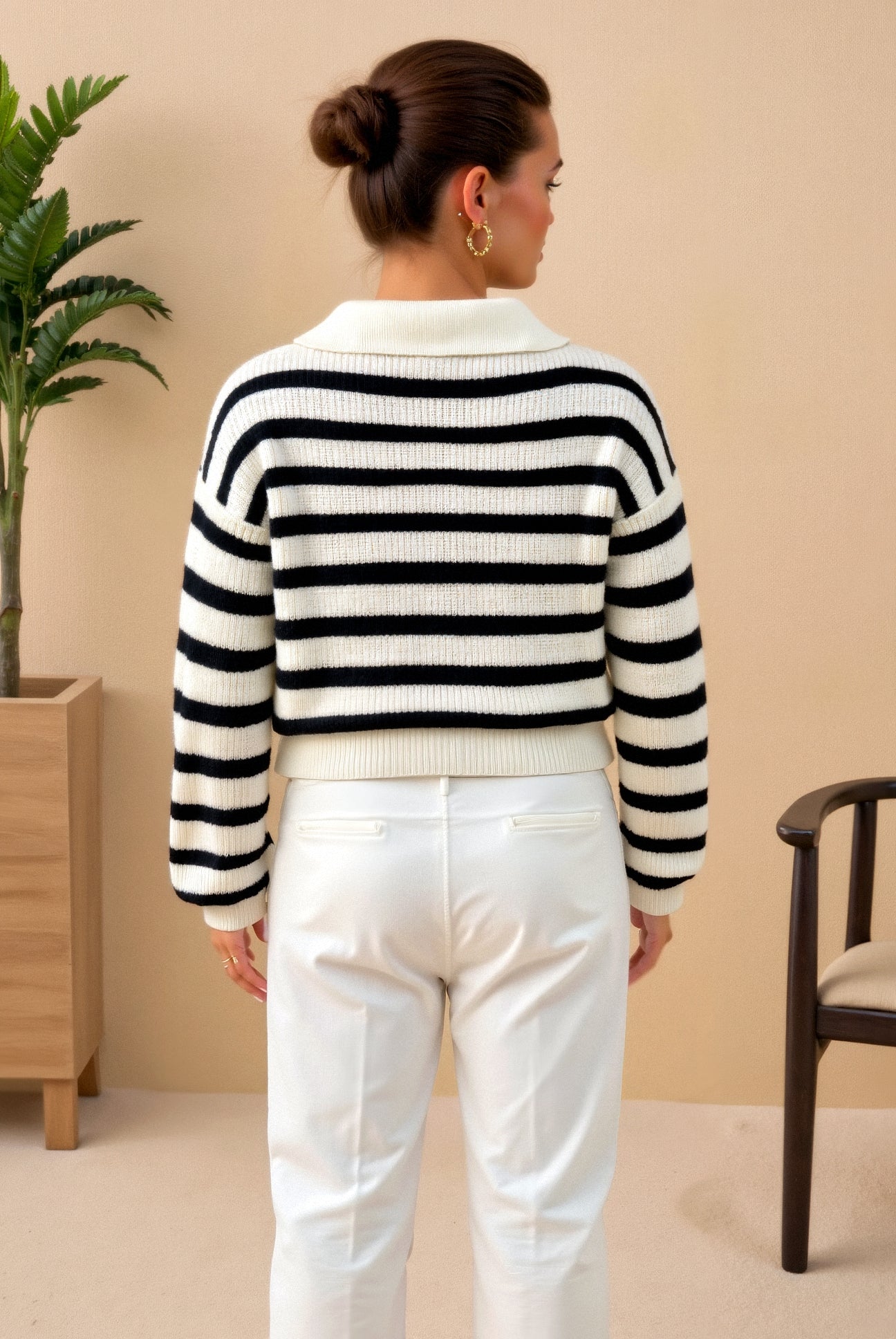 Damenpullover Streifen Reißverschluss Kragen Modern