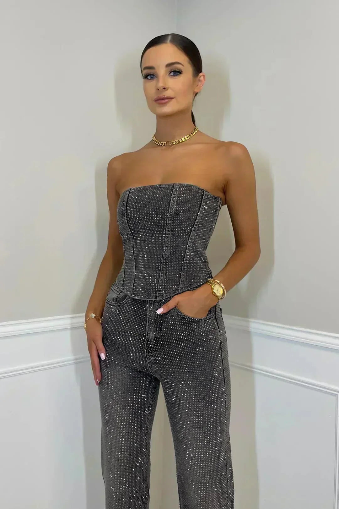 Schulterfreier Overall Glitzernd Damen Overall Party