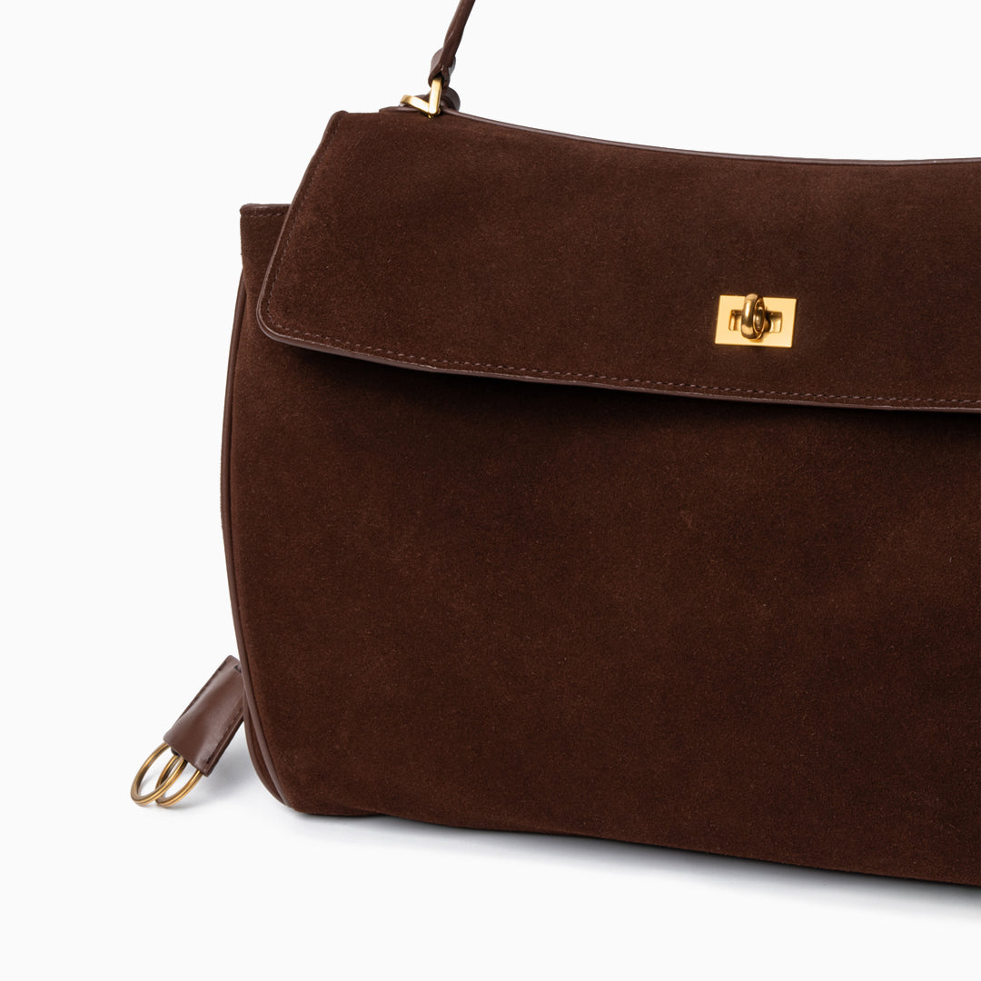 Damenhandtasche Dunkelbraun Wildleder Goldfarben