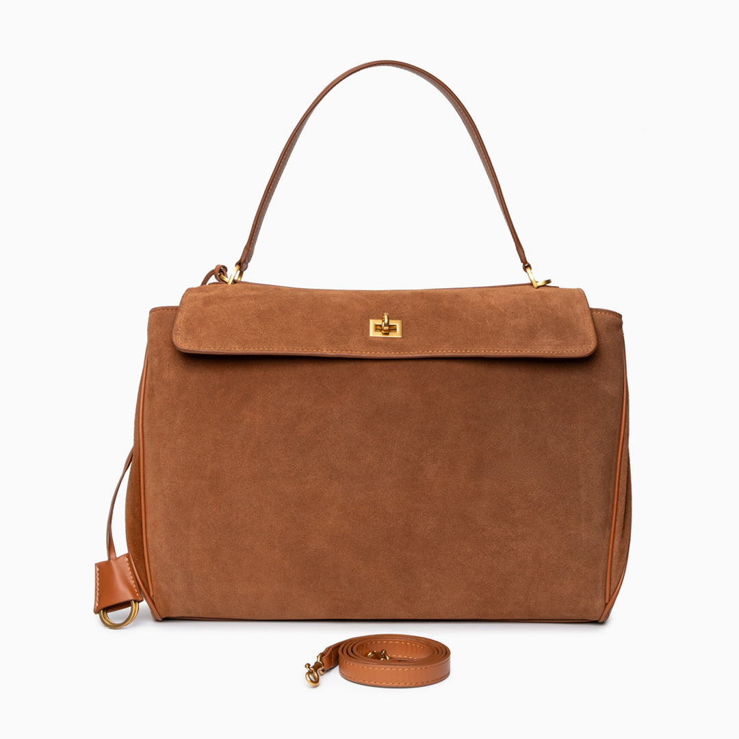 Damenhandtasche Dunkelbraun Wildleder Goldfarben