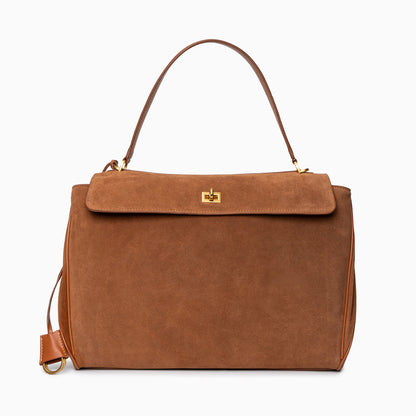 Damenhandtasche Dunkelbraun Wildleder Goldfarben