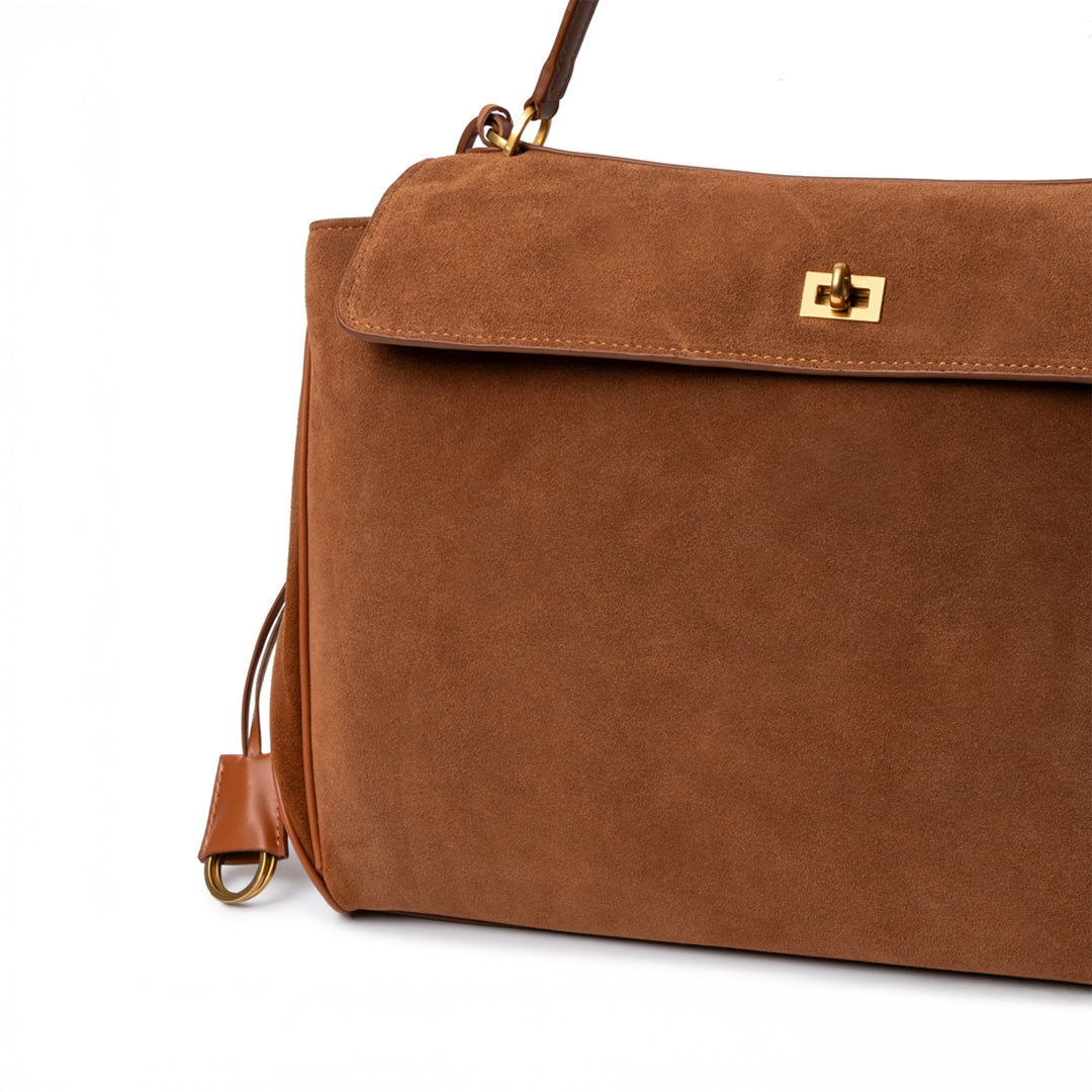 Damenhandtasche Dunkelbraun Wildleder Goldfarben