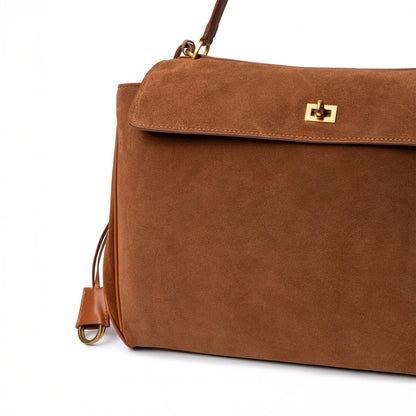 Damenhandtasche Dunkelbraun Wildleder Goldfarben