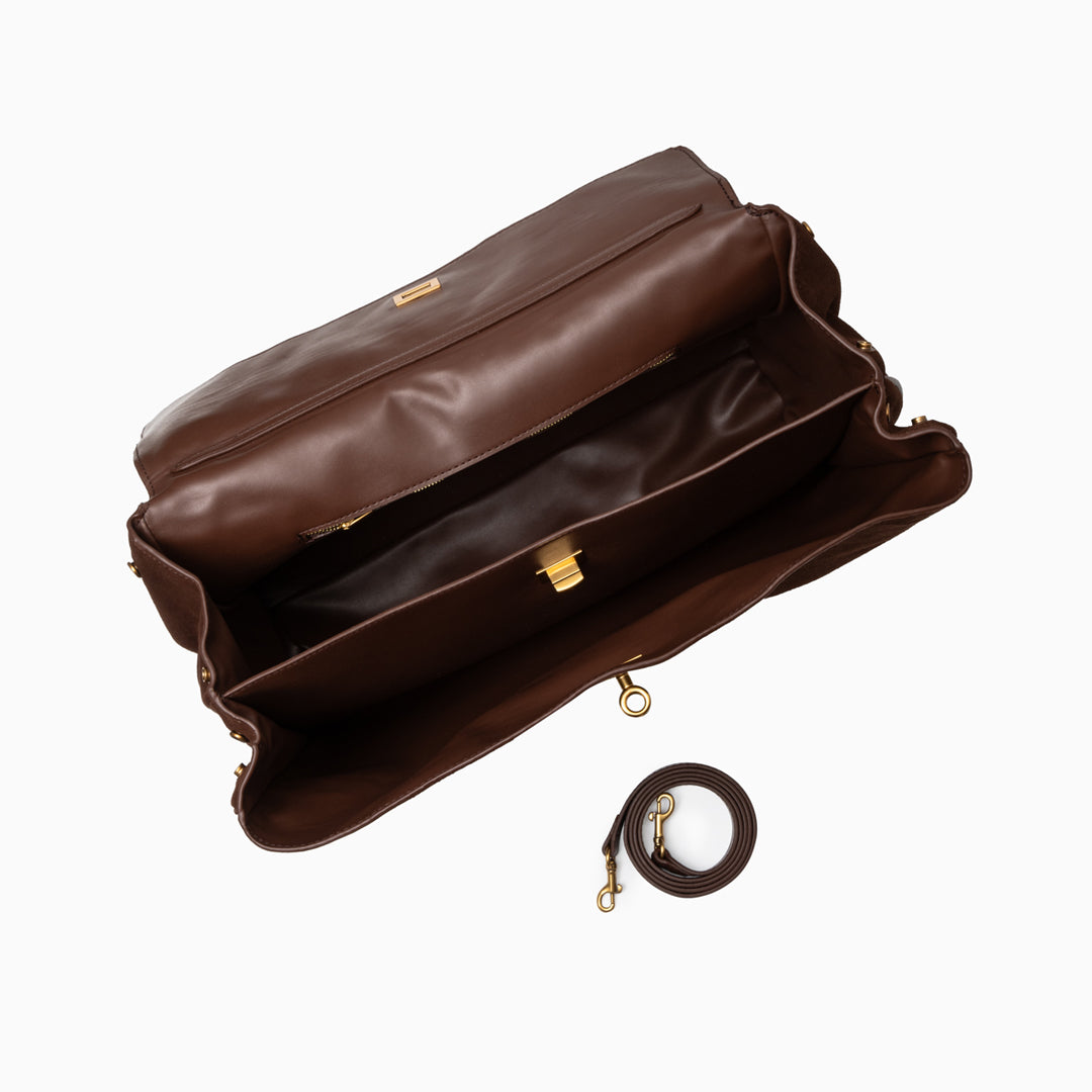 Damenhandtasche Dunkelbraun Wildleder Goldfarben