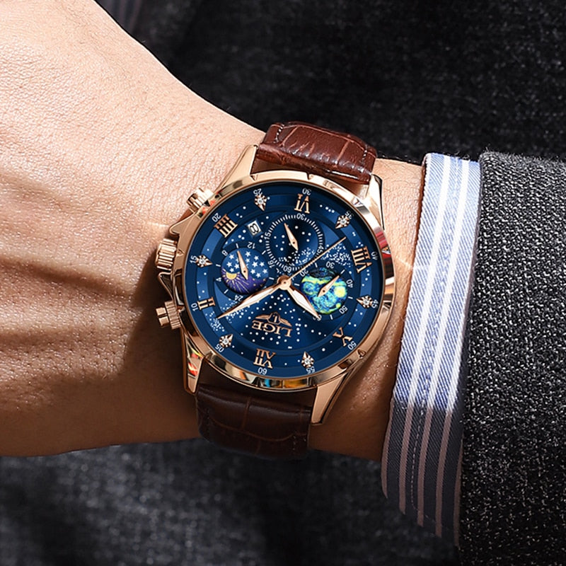 Herren Armbanduhr Mondphasen Edelstahl Elegant