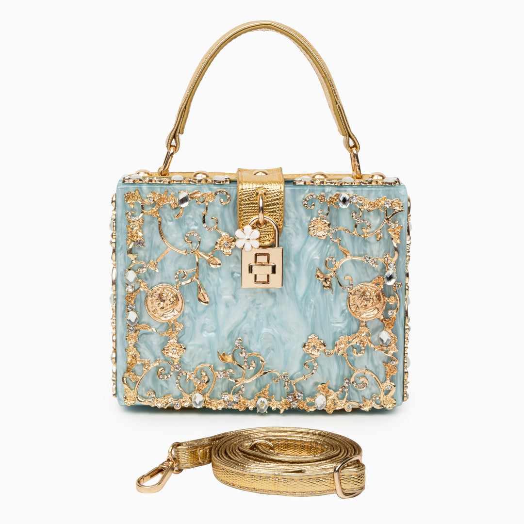 Himmelblaue Clutch Abendtasche mit Golddekor Luxus Design