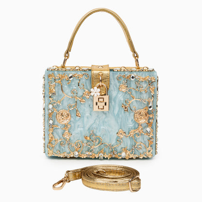Himmelblaue Clutch Abendtasche mit Golddekor Luxus Design