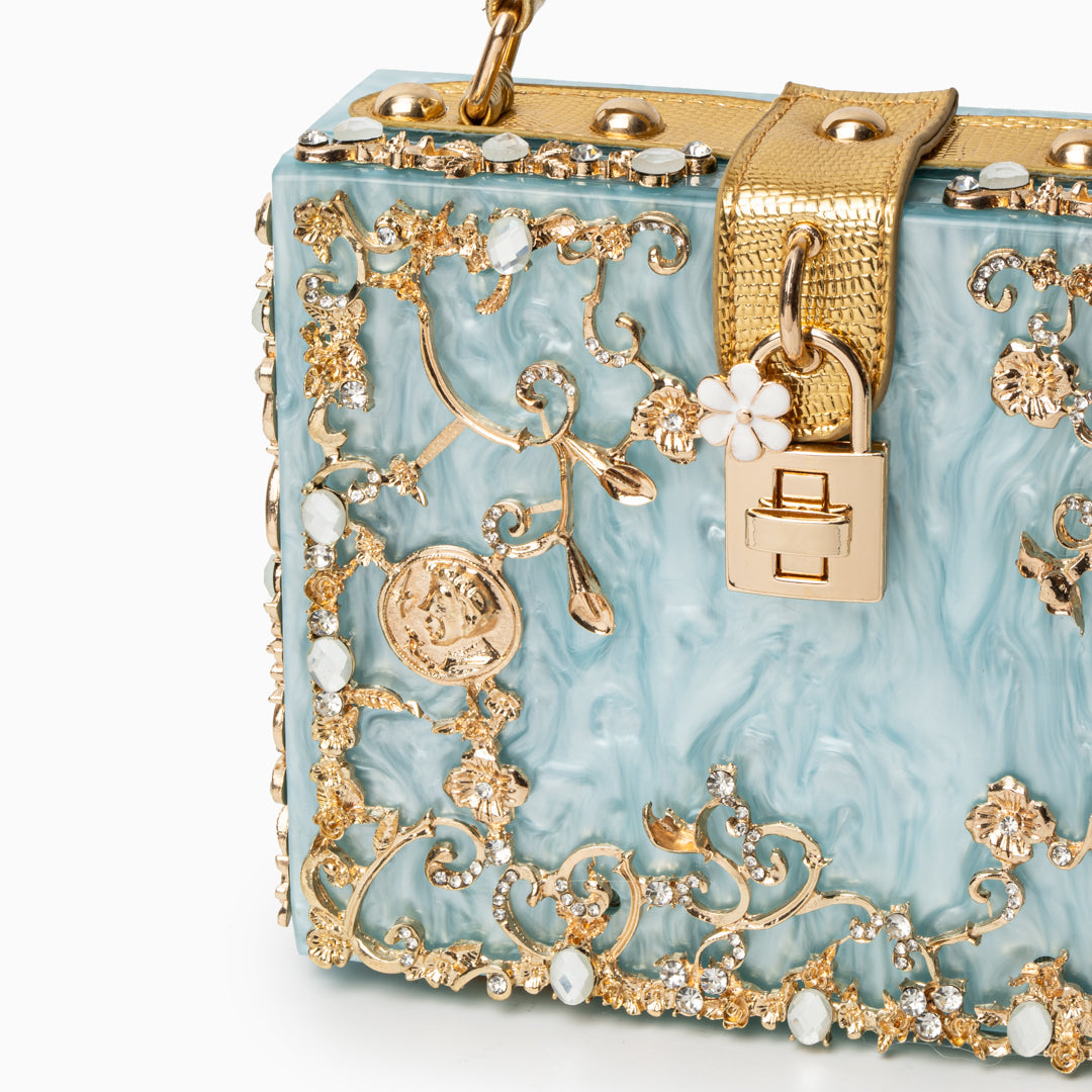 Himmelblaue Clutch Abendtasche mit Golddekor Luxus Design