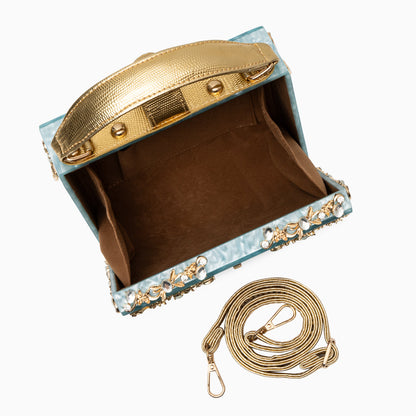 Himmelblaue Clutch Abendtasche mit Golddekor Luxus Design