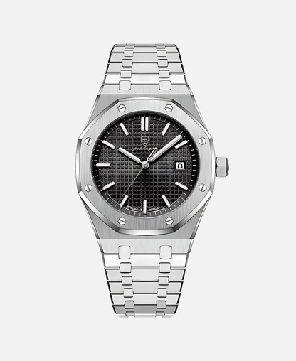 Herren Armbanduhr Edelstahl 41mm Elegant Schwarze Lederband