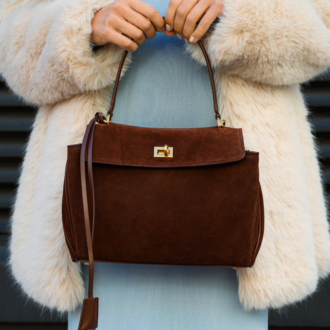 Damenhandtasche Dunkelbraun Wildleder Goldfarben