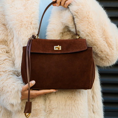 Damenhandtasche Dunkelbraun Wildleder Goldfarben