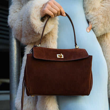 Damenhandtasche Dunkelbraun Wildleder Goldfarben